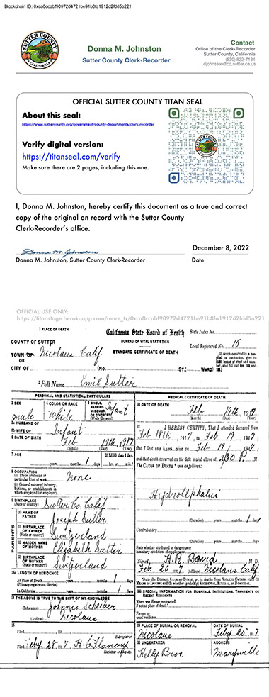 Sutter County Titan Sealed Certificate Example
